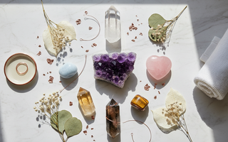 Luxury flat lay of 7 healing crystals for beginners including clear quartz, amethyst, rose quartz, citrine and smoky quartz on white marble