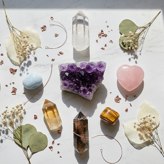 Luxury flat lay of 7 healing crystals for beginners including clear quartz, amethyst, rose quartz, citrine and smoky quartz on white marble