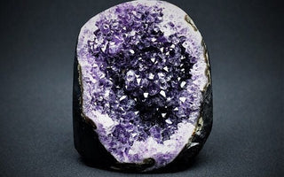 Purple amethyst crystal cluster radiating healing energy for calm, intuition and spiritual development