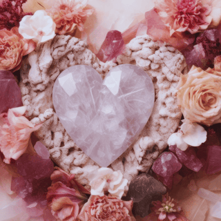 Love month crystals including kunzite, rhodochrosite, ruby and rhodonite for self-love, compassion and romance