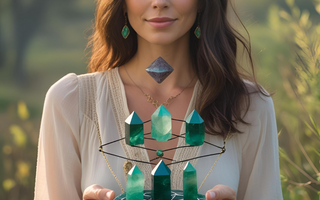 Collection of green healing crystals including jade, aventurine, emerald and malachite for wealth, health and wisdom