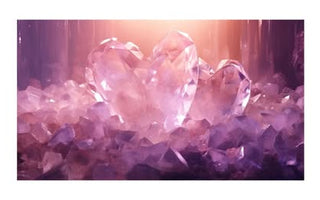 Rose quartz heart crystal surrounded by Valentine's Day love crystals including kunzite, pink opal, ruby and garnet