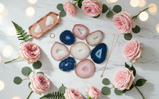 Agate crystals with roses and warm lights styled on a luxury background for strength and stability