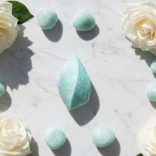 Amazonite flame and tumbled stones for calm, courage and authentic self-expression