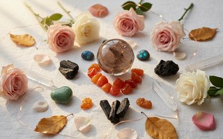 Autumn crystals including smoky quartz, carnelian and labradorite with roses and fairy lights for seasonal healing and release