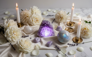 Crystals for sleep including Amethyst, Lepidolite, Moonstone, Howlite and Selenite styled on a luxury bedside setting