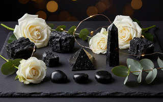 Black Tourmaline crystals in various shapes with white roses and fairy lights – Heavenly Crystals Online