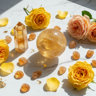 Natural Citrine crystals with roses styled on a luxury background for abundance and manifestation