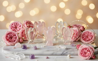 Crystal angel carvings in Rose Quartz, Amethyst and Selenite with roses and fairy lights