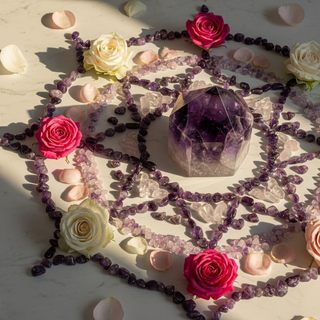 Crystal grid with polished crystal point centrepiece, crystal chips in amethyst, rose quartz and clear quartz, surrounded by fresh roses and petals on white marble