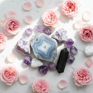 lue lace agate, lepidolite, amethyst, black tourmaline and howlite crystals on white marble with soft pink roses — calming crystals for anxiety and hyperarousal by Heavenly Crystals Online