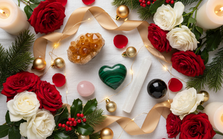 Luxurious Christmas crystal flatlay with Citrine, Malachite, Clear Quartz, Rose Quartz, Black Obsidian and Selenite nestled amongst red roses, pine, holly and warm fairy lights