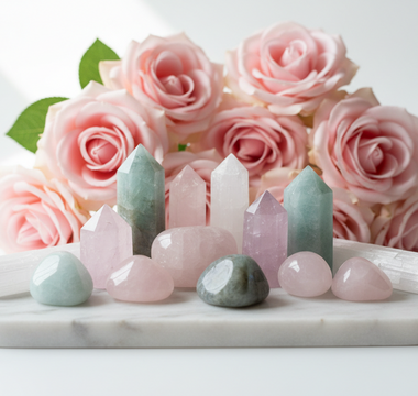 Rose quartz, aquamarine, labradorite, kunzite and selenite crystals on white marble with soft pink roses — healing crystals for emotional neglect history by Heavenly Crystals Online.