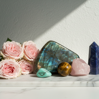 Labradorite, tiger's eye, amazonite, rose quartz and sodalite crystals on white marble with soft pink roses — crystals for reassurance seeking and self-trust by Heavenly Crystals Online.