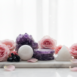 Amethyst, lepidolite, moonstone, black tourmaline and howlite crystals on white marble with soft pink roses — calming crystals for sleep disturbance and nightmares by Heavenly Crystals Online