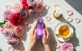 Amethyst crystals and clusters styled on a luxury background for calm, clarity and anxiety relief