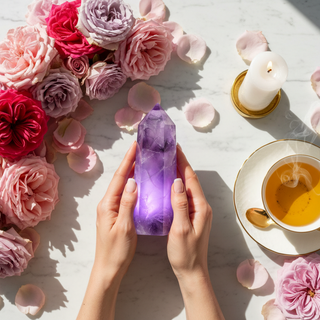 Amethyst crystals and clusters styled on a luxury background for calm, clarity and anxiety relief