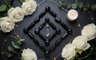 Black Tourmaline crystal protection grid with white roses and fairy lights – Heavenly Crystals Online