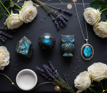 Labradorite crystals and sterling silver jewellery with white roses and fairy lights – Heavenly Crystals Online