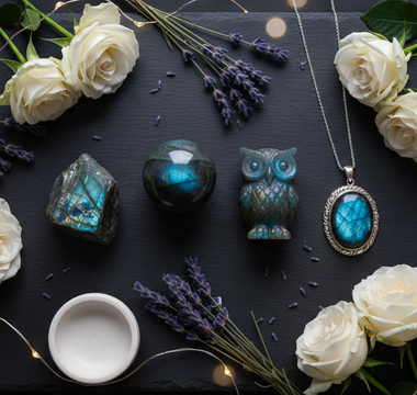 Labradorite crystals and sterling silver jewellery with white roses and fairy lights – Heavenly Crystals Online