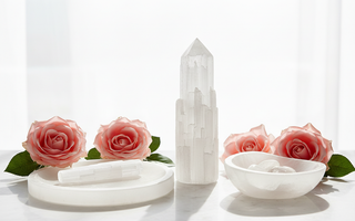 Selenite crystals including tower, wand, charging plate and palm stone on white marble with pink roses