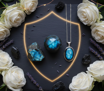 Labradorite crystals and sterling silver pendant with aura protection glow, white roses and fairy lights – Heavenly Crystals Online