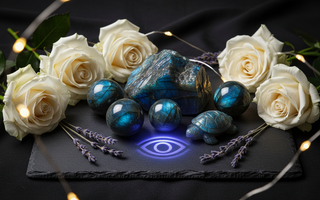 Labradorite crystals with Third Eye Chakra symbol, white roses and fairy lights – Heavenly Crystals Online