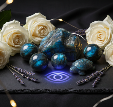 Labradorite crystals with Third Eye Chakra symbol, white roses and fairy lights – Heavenly Crystals Online