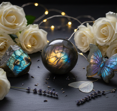 Labradorite crystals with butterfly carving and magical light for transformation – Heavenly Crystals Online