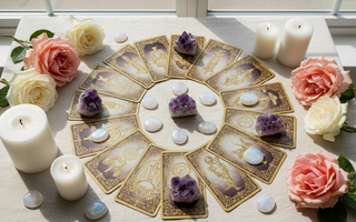 Tarot cards flat lay with roses and crystals for beginner spreads, Major Arcana and daily spiritual practice
