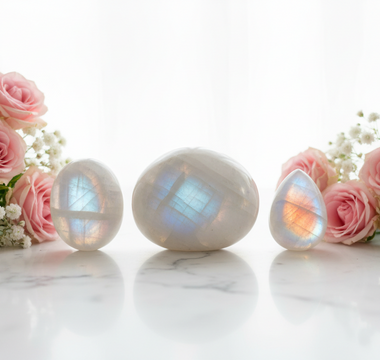 Three Rainbow Moonstone crystals on white marble representing Crown, Third Eye and Sacral chakras with pink roses