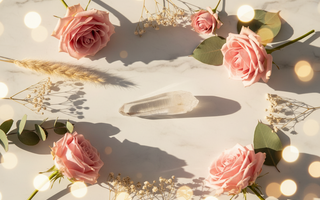 Rare Lemurian Quartz Teaching Point with 5-3-5 termination styled with pink roses and soft golden light on white marble