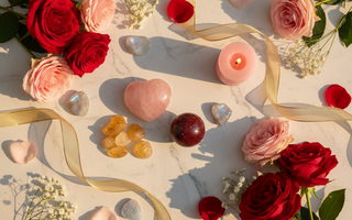 Self-love and romance crystal flatlay with Rose Quartz heart, Citrine, Rainbow Moonstone and Garnet on white marble with red and blush roses, candle and gold ribbon