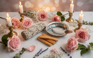 Luxury smudge kit with white sage bundle, palo santo stick, abalone shell and feather for home cleansing