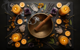 Tibetan singing bowl with mallet, crystal quartz points and amethyst clusters on dark slate with golden candlelight for sound healing and meditation