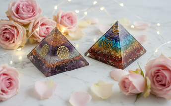 Amethyst and 7 chakra orgonite pyramids with pink roses and fairy lights for energy and manifestation