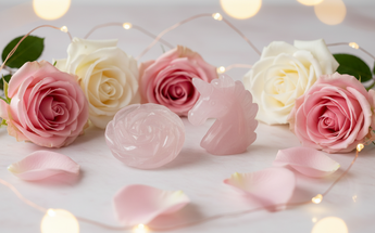 Rose quartz hand carved rose and unicorn with pink roses and fairy lights for love, healing and compassion