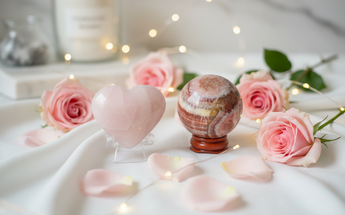 Tri-color calcite rainbow sphere and pink mangano calcite heart with roses and fairy lights for healing, energy amplification and cleansing