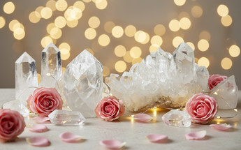 Natural clear quartz crystal points and clusters with pink roses and fairy lights to amplify energy, clarity and healing