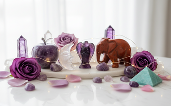 Hand-carved crystal sculptures and sacred forms arranged with roses and fairy lights