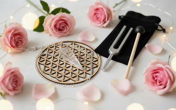 Crystal pendulum, tuning fork, and wooden crystal grid arranged with pink roses and fairy lights for energy healing