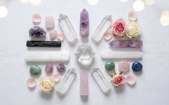 Crystal generators, Lemurian quartz and crystal towers arranged with roses and fairy lights