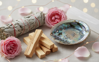Palo santo sticks, white sage bundles and abalone shell with pink roses and fairy lights for spiritual cleansing and ritual work