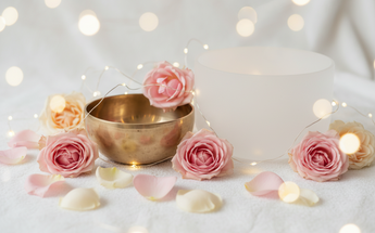 Tibetan brass and quartz crystal singing bowls with pink roses and fairy lights for sound healing and meditation