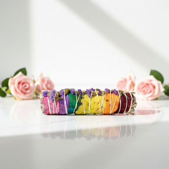 7 Chakra Sage Smudge Stick – 10cm Energy Cleansing & Healing Tool - Heavenly Crystals Online