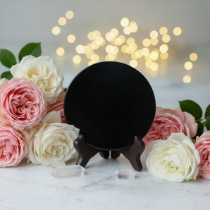 Black Obsidian Scrying Plate with Stand – Intuition, Clarity & Protection (Velvet Bag Included) - Heavenly Crystals Online