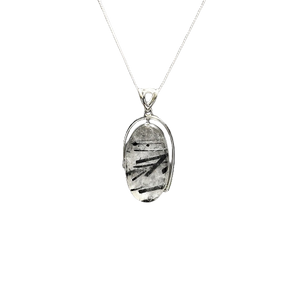 Black Rutilated Quartz Oval Pendant in 925 Sterling Silver with chain - High Vibrational, Protection & Grounding - Heavenly Crystals Online