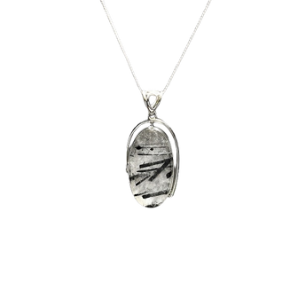 Black Rutilated Quartz Oval Pendant in 925 Sterling Silver with chain - High Vibrational, Protection & Grounding - Heavenly Crystals Online