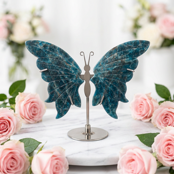 Blue Apatite Butterfly on Stand (203g) - Communication, Manifestation & Inspiration Crystal - Heavenly Crystals Online
