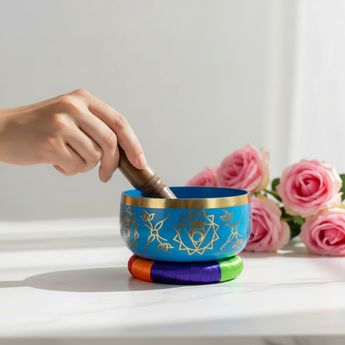 Blue Brass Singing Tibetan Bowl includes Striker and Cushion - Throat Chakra - Communication - Heavenly Crystals Online